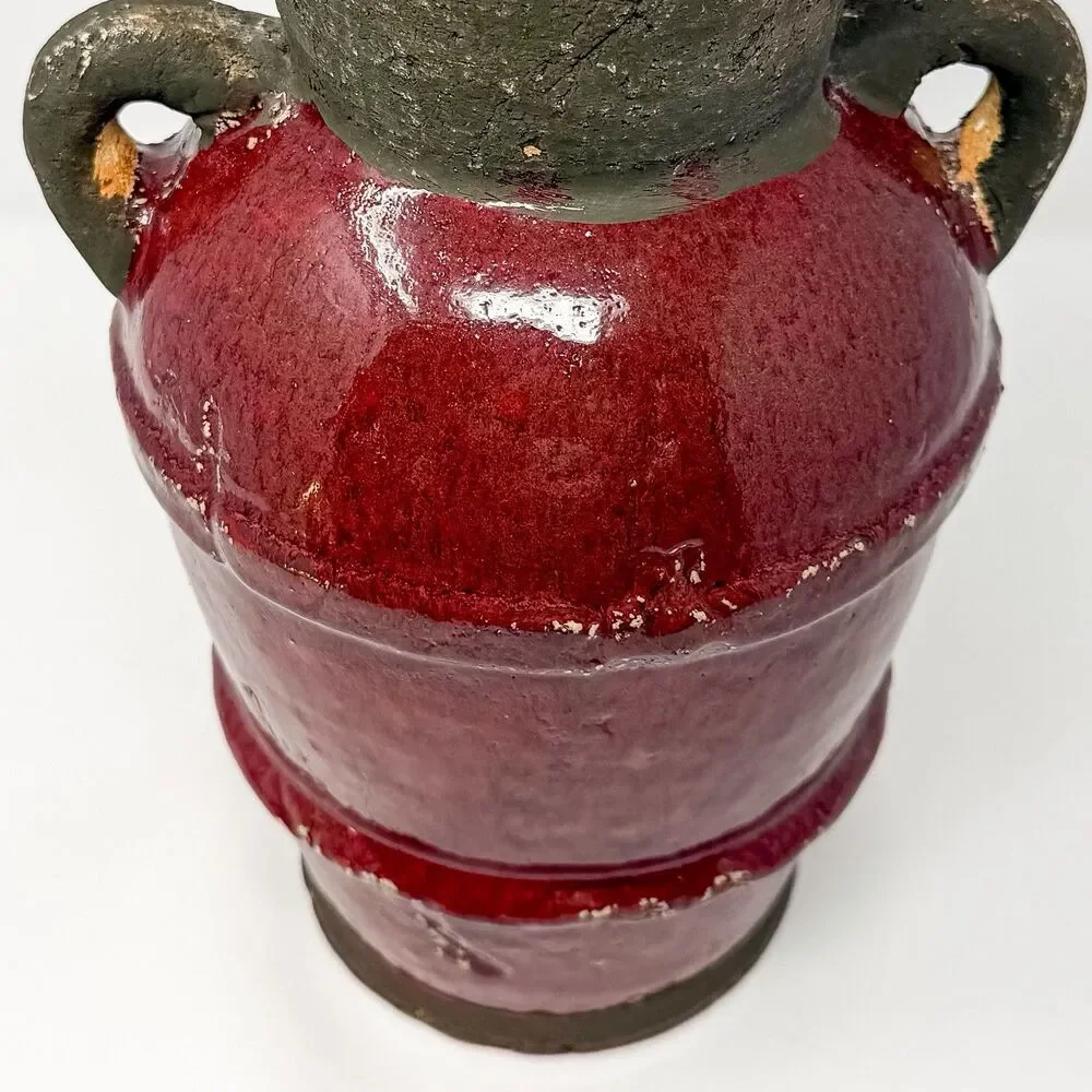 Vintage Rustic Studio Pottery Vase Oxblood Red Folk Art Handcrafted 12”